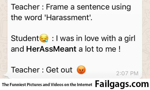 Teacher: Frame a Sentence Using the Word Harassment Student: I Was in Love With a Girl and Her Ass Meant a Lot to Me! Teacher: Get Out Meme