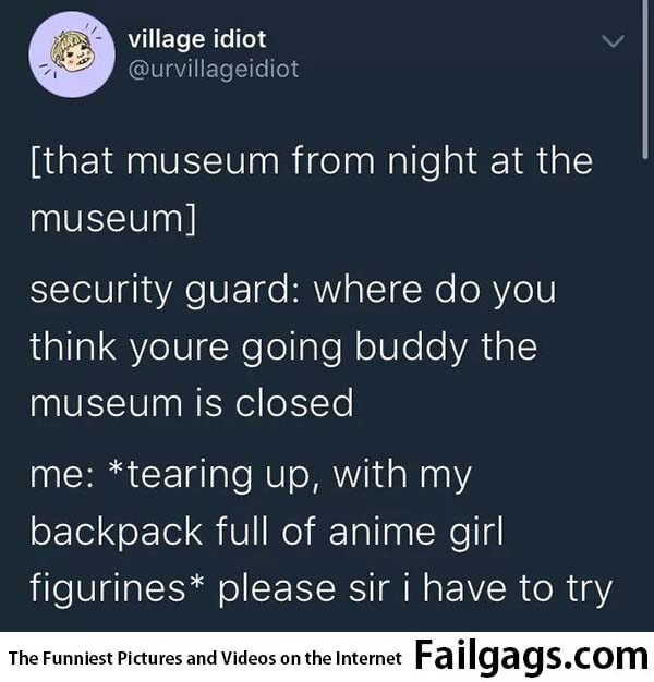 The Museum From Night at the Museum Security Guard Where Do You Think You're Going Buddy the Museum Is Closed Me Tearing Up With My Backpack Full of Anime Girl Figurines Please Sir I Have to Try Meme