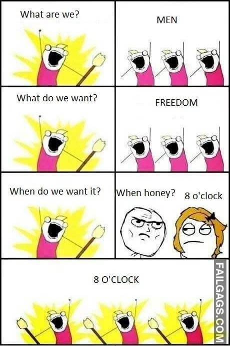 What Are We? Men What Do We Want? Freedom When Do We Want It? When Honey? 8 O'clock Meme