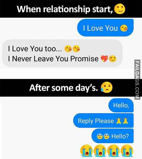 When Relationship Start I Love You 3 L Love You Too... I Never Leave You Promise After Some Days. Hello Reply Please A A Hello? Meme