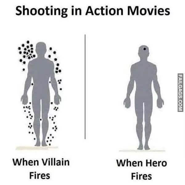 Shooting In Action Movies When Villain Fires Vs When Hero Fires Meme