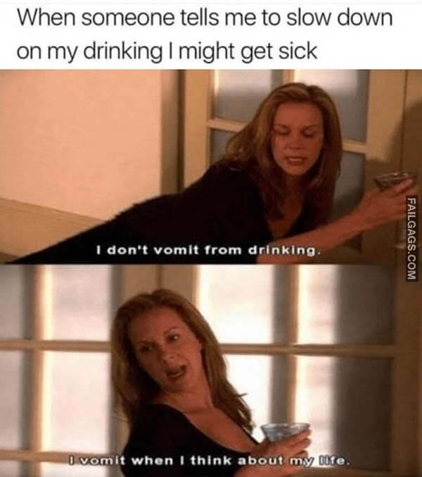 When Someone Tells Me To Slow Down On My Drink I Might Get Sick I Dont Vomit From Drinking I Vomit When I Think About My Life Meme