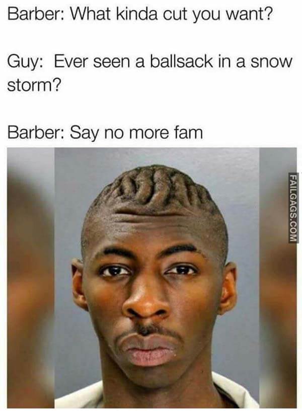Barber What Kinda Cut You Want Guy Ever Seen A Ballsack In A Snow Storm Barber Say No More Fam Meme