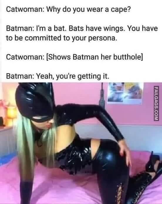 Catwoman Why Do You Wear a Cape Batman Im a Bat Bats Have Wings You Have to Be Committed to Your Persona Catwoman shows Batman Her Buttholel Batman Yeah Youre Getting It Memes