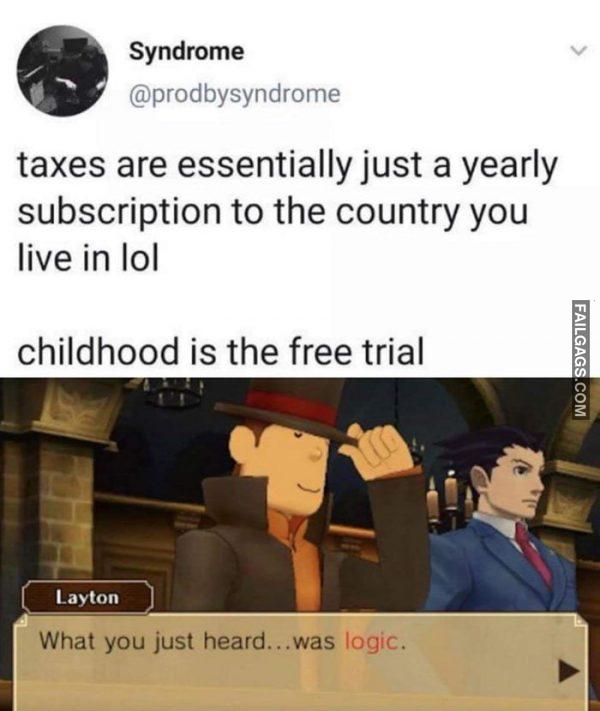 Taxes Are Essentially Just a Yearly Subscription to the Country You Live in Lol Childhood is the Free Trial What You Just Heard...was Logic Memes