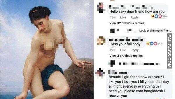 Men Hitting on a Facebook Photo Which is Actually a 19th Century Painting