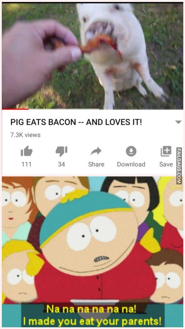 Pig Eats Bacon and Loves It! Na Na Na Na I Made You Eat Your Parents! Memes