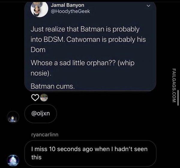 Just Realize That Batman is Probably Into Bdsm. Catwoman is Probably His Dom Whose a Sad Little Orphan?? (Whip Noise). Batman Cums I Miss 10 Seconds Ago When I Haven't Seen This Memes