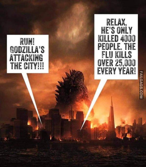 Run! Godzilla's Attacking the City!!! Relax, He's Only Killed People. The Flu Kills Over 25,000 Every Year! Memes