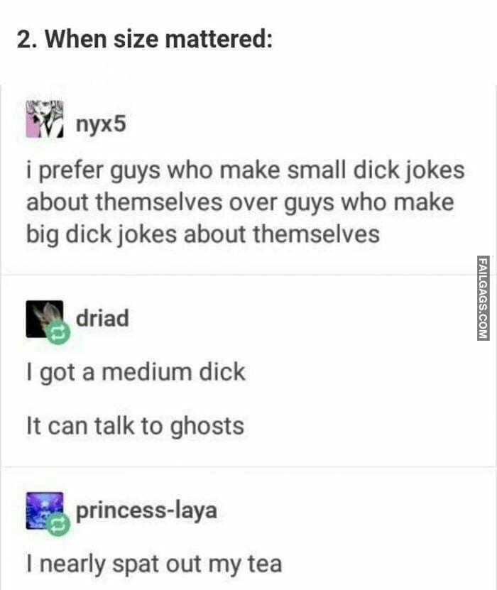 When Size Mattered: I Prefer Guys Who Make Small Dick Jokes About Themselves Over Guys Who Make Big Dick Jokes About Themselves I Got a Medium Dick It Can Talk to Ghosts I Nearly Spat Out My Tea Memes