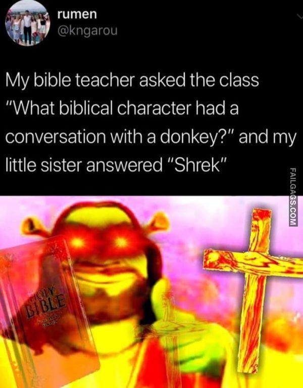 My Bible Teacher Asked the Class "What Biblical Character Had a Conversation With a Donkey?" and My Little Sister Answered "Shrek" Memes