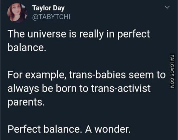 The Universe is Really in Perfect Balance. For Example, Trans-babies Seem to Always Be Born to Trans-activist Parents. Perfect Balance. A Wonder Memes