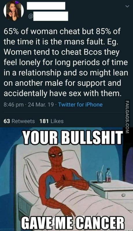 65% of Woman Cheat but 85% of the Time It is the Mans Fault. Eg. Women Tend to Cheat Because They Feel Lonely for Long Periods of Time in a Relationship