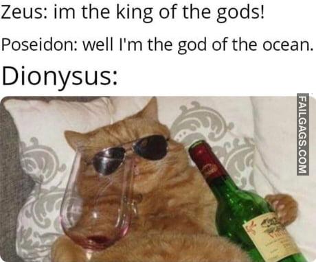 Zeus: Im the King of the Gods! Poseidon: Well I'm the God of the Ocean Dionysus Memes